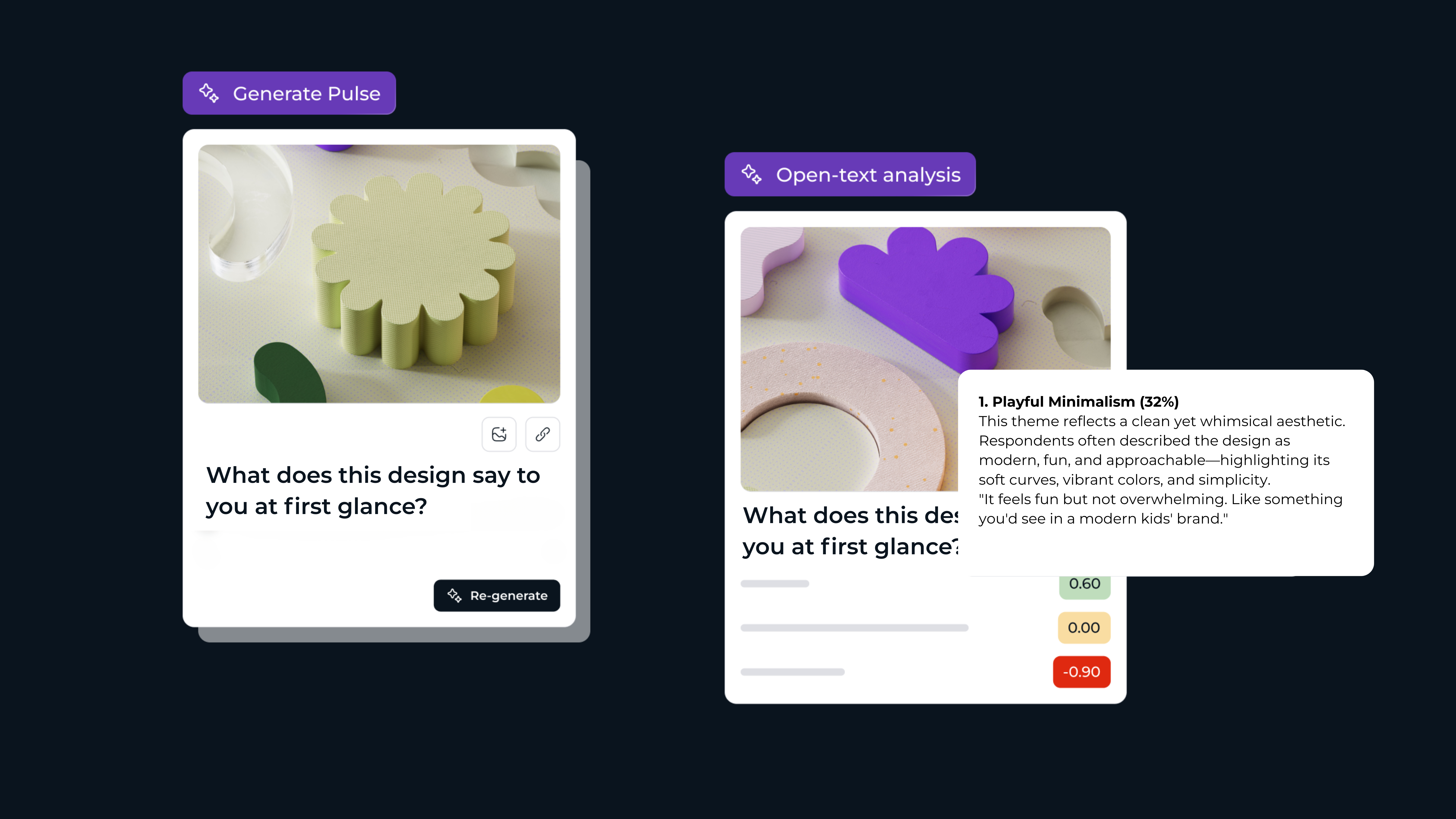 Two UI cards showing a design question and theme analysis from a market research tool.