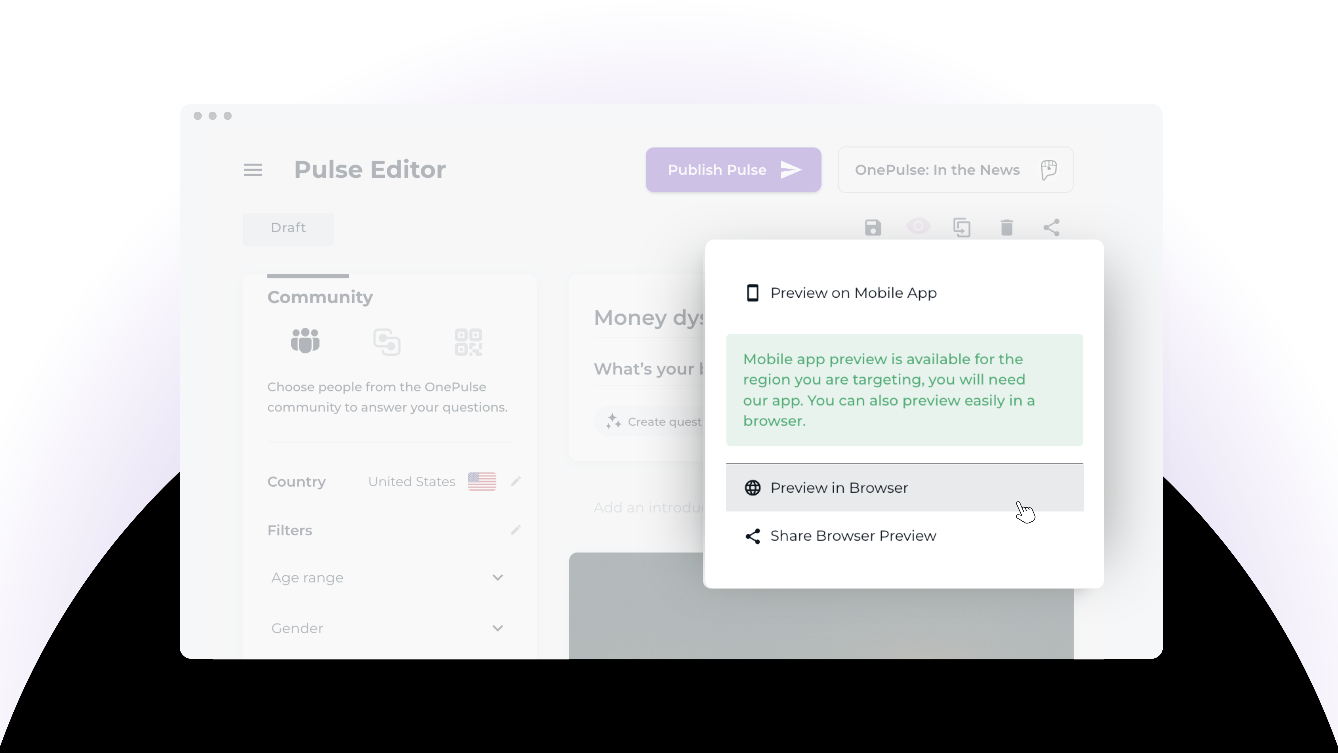 OnePulse Pulse Editor with a pop-up showing mobile and browser preview options