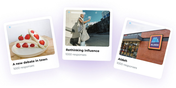 Three OnePulse cards displaying real-time consumer insights, each with an image and 1000 responses.