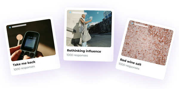three survey cards titled "Take me back," "Rethinking influence," and "Red wine salt," each with 1000 responses.