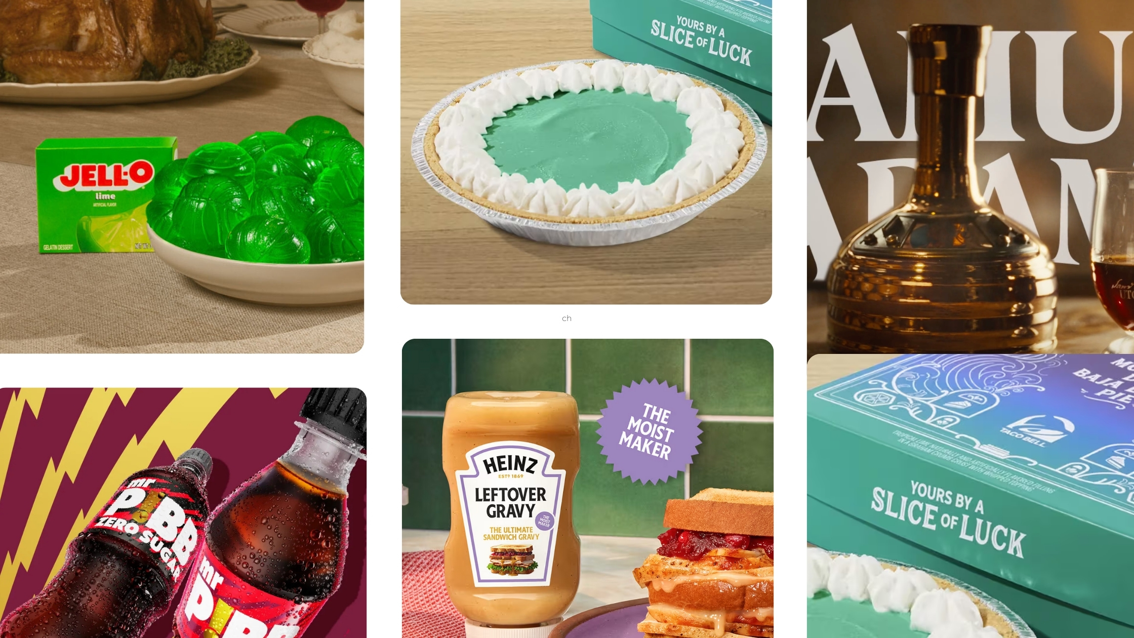 A collage featuring several 2025 food and drink products, including green JELL-O lime molds, an orange JELL-O mold, a red cranberry-style JELL-O can mold, Taco Bell’s Baja Blast Pie and pie box, a copper Samuel Adams Utopias bottle, Heinz leftover gravy and two Mr. Pibb bottles against a lightning-themed background.