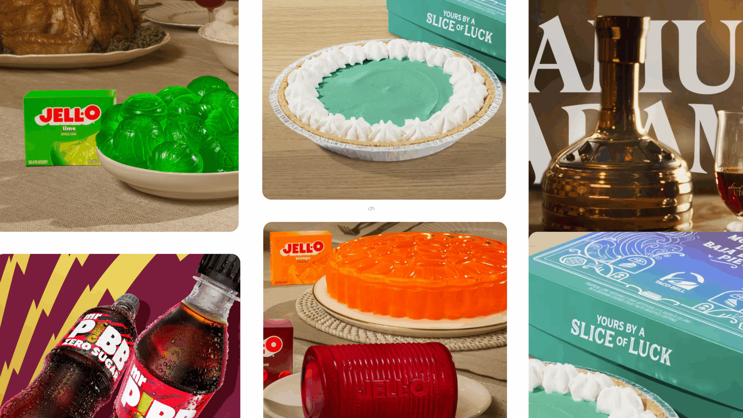 A collage featuring several 2025 food and drink products, including green JELL-O lime molds, an orange JELL-O mold, a red cranberry-style JELL-O can mold, Taco Bell’s Baja Blast Pie and pie box, a copper Samuel Adams Utopias bottle, and two Mr. Pibb bottles against a lightning-themed background.