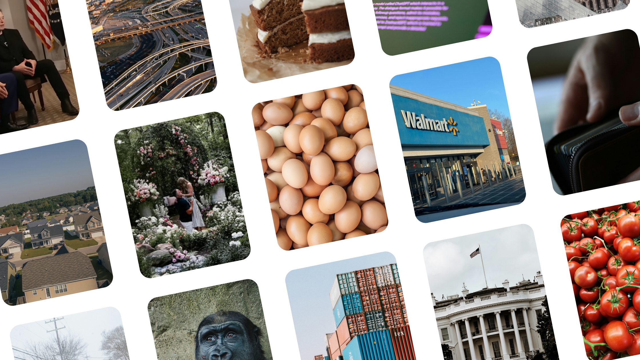 A collage of images representing major U.S. moments from 2025, including eggs, a Walmart store, the White House, tomatoes, a wedding proposal, housing developments, and pop culture references.