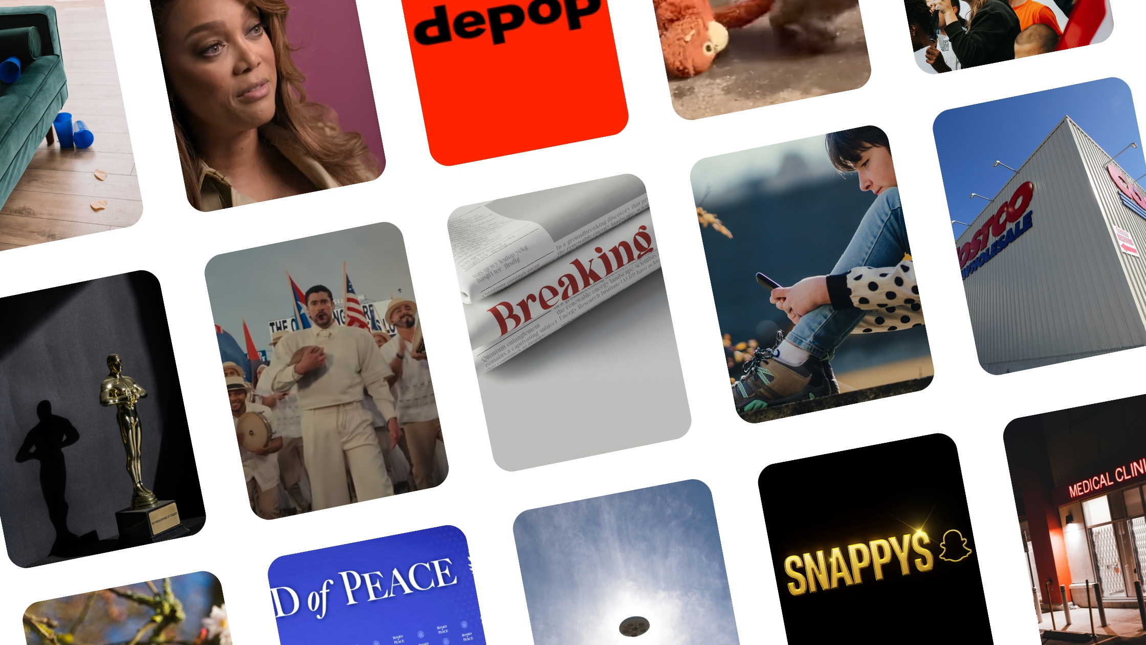 Collage of February news highlights including Depop logo, Board of Peace graphic, Super Bowl imagery, Costco storefront, Snappys sign, medical clinic, and viral monkey clip.
