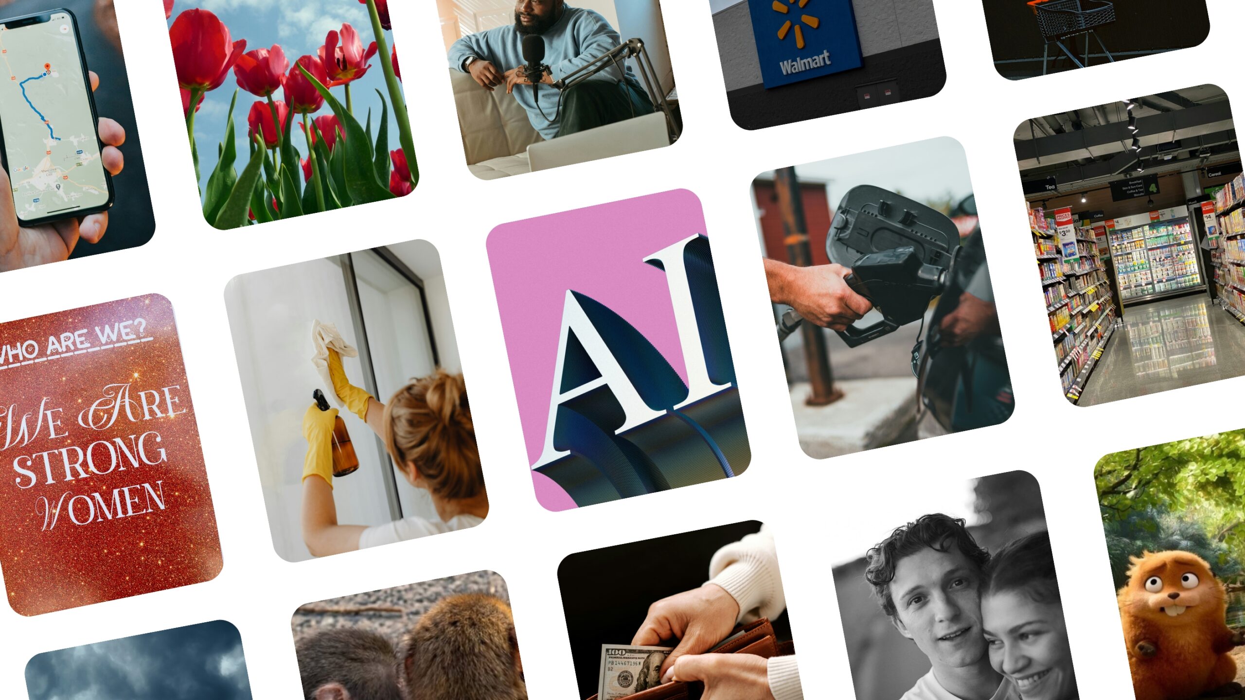 A collage of images showing tulips, AI graphics, a gas pump, grocery shopping, a podcast setup, and social conversations.