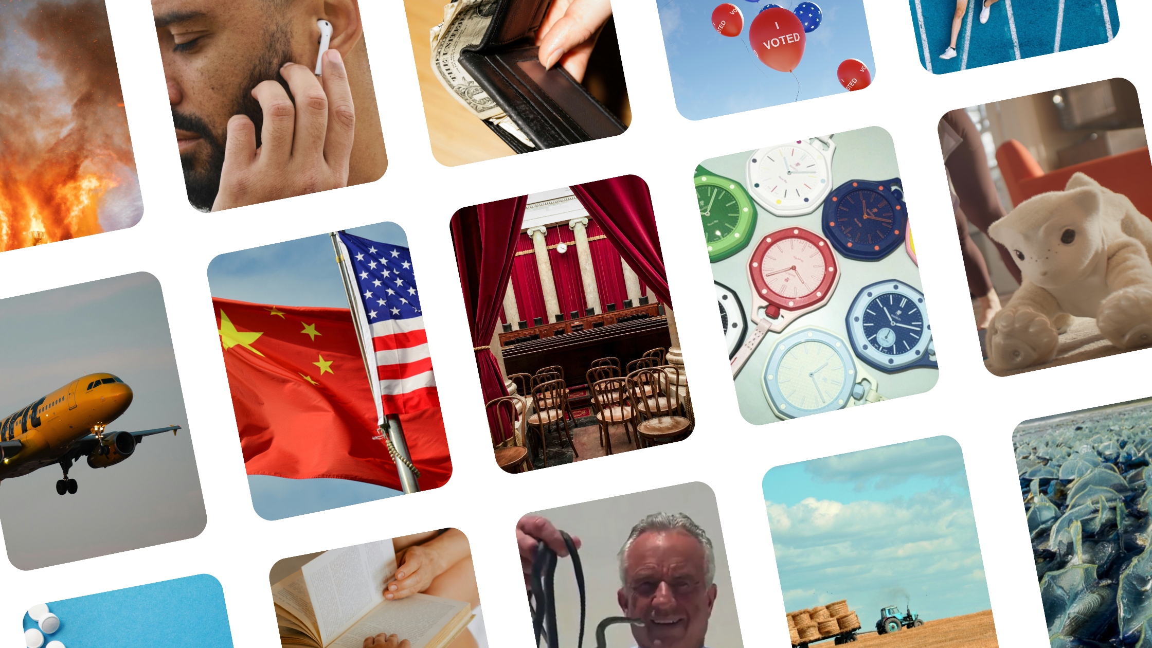 Collage of images representing key May 2026 news stories, including US-China relations, the Supreme Court, voting and elections, AI technology, reading and education, climate and farming, airline industry developments, consumer trends, a viral luxury watch launch, RFK Jr. handling snakes, and unusual blue sea creatures washing up on West Coast beaches.