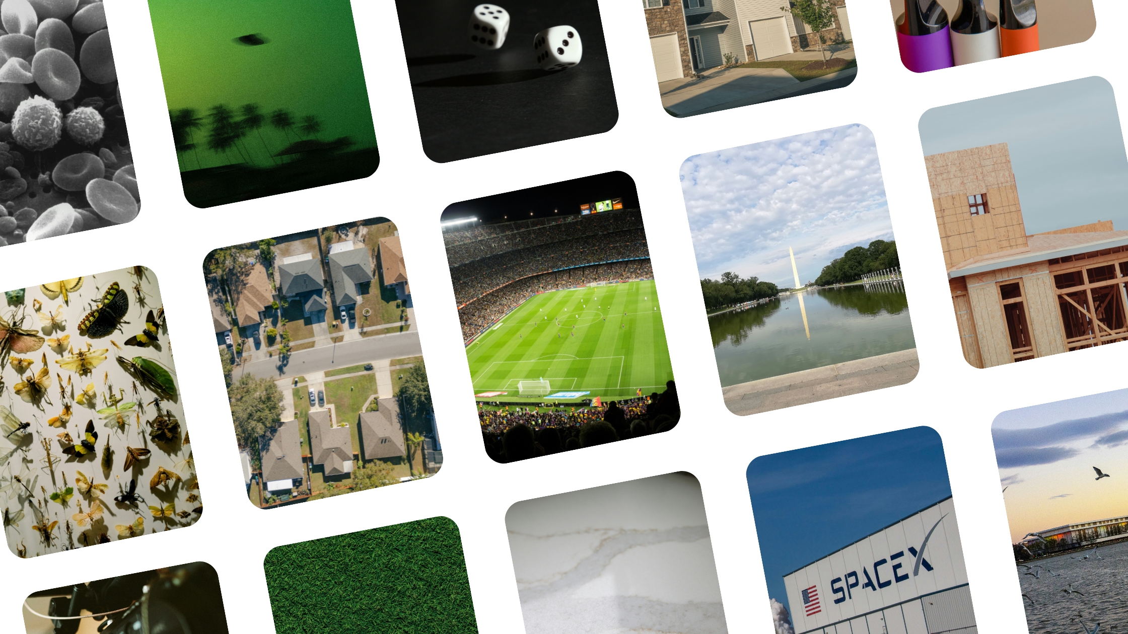 Collage of June 2026 US public opinion topics, including the World Cup, UFO rumours, housing, SpaceX, insects, vapes, landmarks, and home trends.