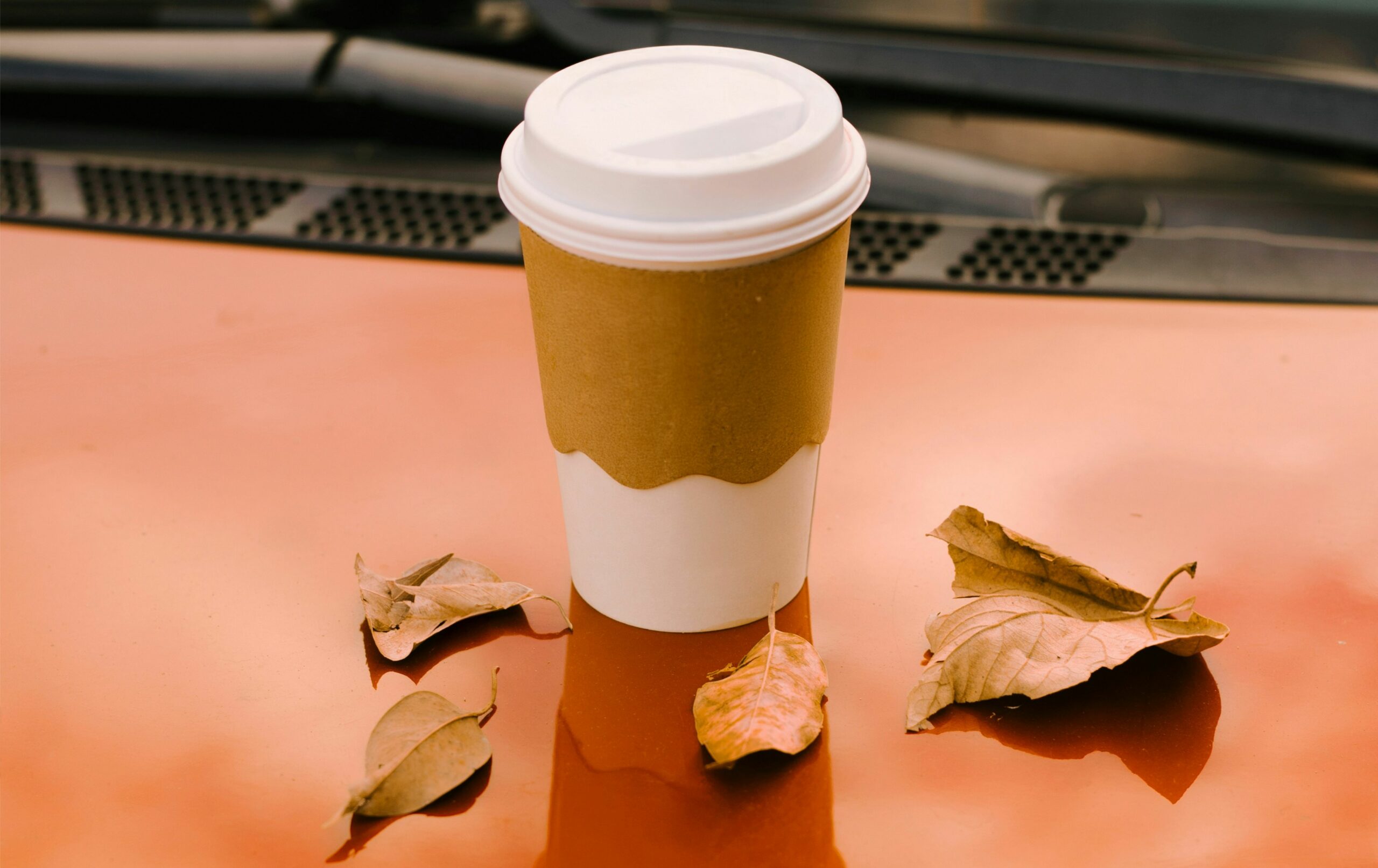 Cover for OnePulse blog on Pumpkin Spice Latte Pumpkin spice latte in a takeaway cup surrounded by fall leaves